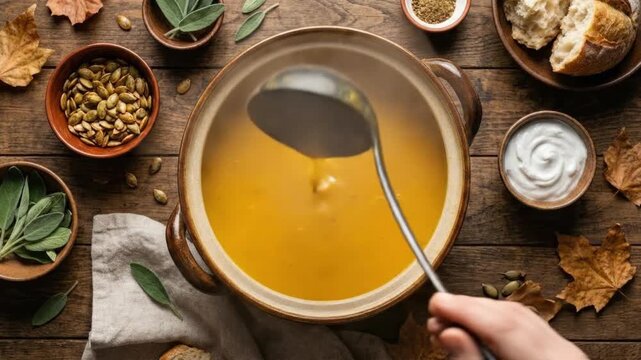 Top view of hand ladling steaming pumpkin soup in rustic pot on wooden table with autumn ingredients and sage