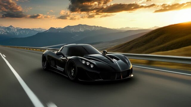Dynamic low-angle shot of a sleek black sports car speeding on a highway at sunset, capturing a cinematic video feel with dramatic lighting.