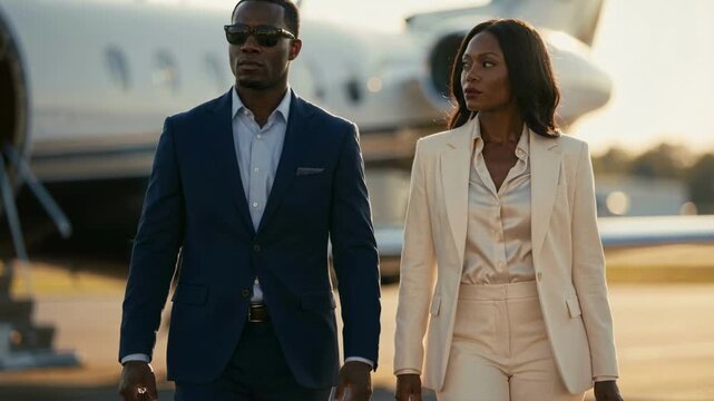 Confident African American business couple walking away from a private jet. Successful man and woman in suits traveling for a corporate trip. Luxury lifestyle and wealth concept