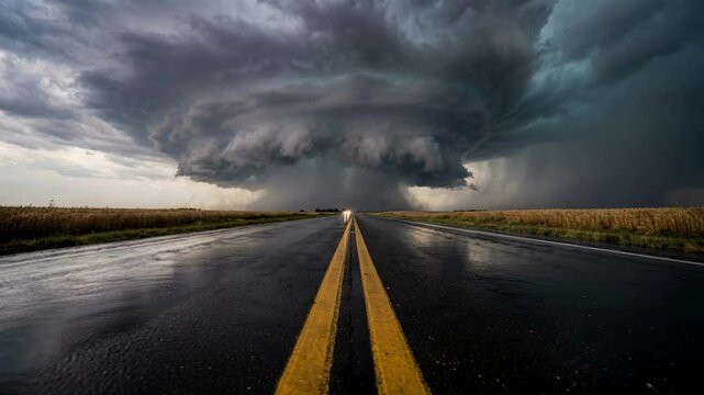 Dramatic supercell thunderstorm cloud formation over a wet highway. Dark ominous sky with heavy rain on a rural country road. Severe weather and tornado disaster danger concept