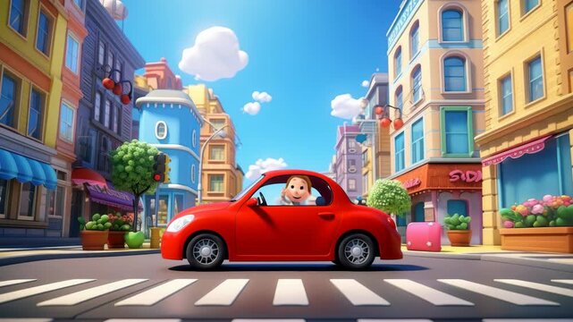 A vibrant animated video scene of a smiling character in a red car, captured from a low angle, set in a colorful, cartoon-style cityscape. Live desktop wallpaper.