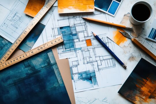architectural workspace with hand-drawn floor plans, rulers, pencils, color swatches, paint samples and a coffee cup conveying focused creative energy