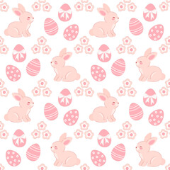 Easter bunny with pink eggs and flowers seamless pattern