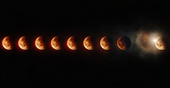 row of red-tinged moons showing sequential eclipse phases across a dark sky with glowing halo and bright flare, evoking mystery and awe