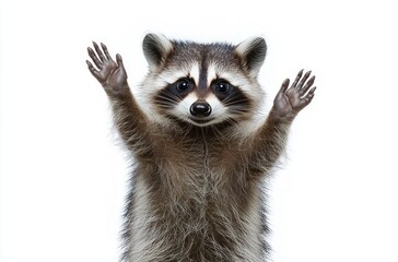 Obraz premium young raccoon standing upright with arms raised, wide eyes and playful hopeful expression on white background