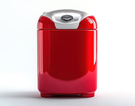 Glossy red compact top-load washing machine with silver lid, sleek modern appliance evoking clean efficiency