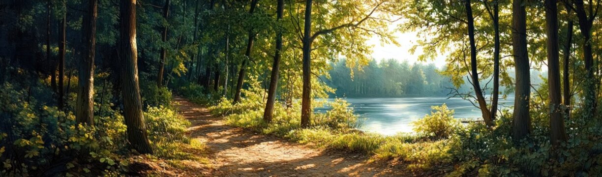 Sunlit forest path opening onto a tranquil lakeshore with tall trees and dappled light reflecting on calm water, peaceful and inviting