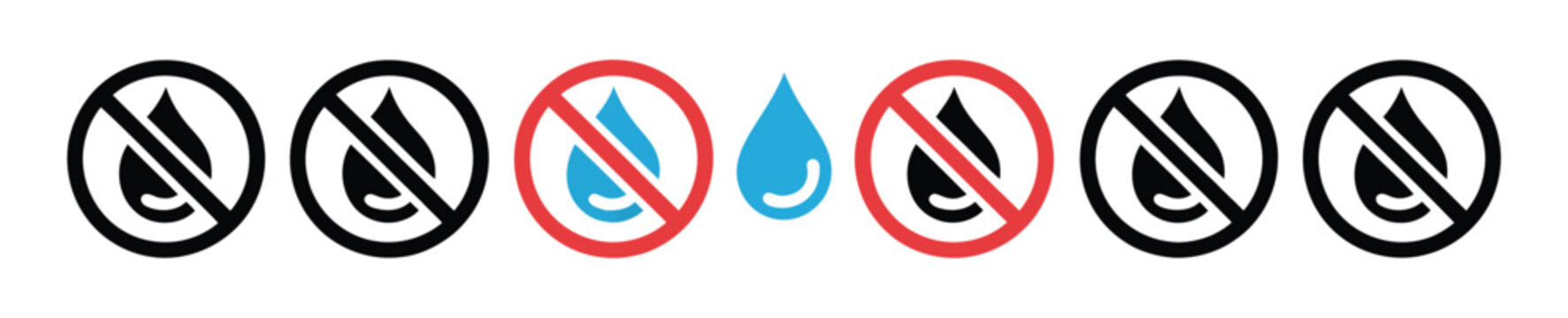 No Water Drops Prohibited Symbol, No Water Resistant Sign Icon, Water Drop In Red Circle Slash Collection, Forbidden Moisture Warning Labels, Vector Illustration Set For Safety Notice And Protection 