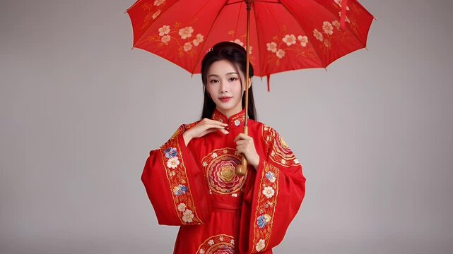 Young Woman Posing with Red Floral Parasol in Studio Wearing Traditional Embroidered Hanfu Dress in Front of Gray