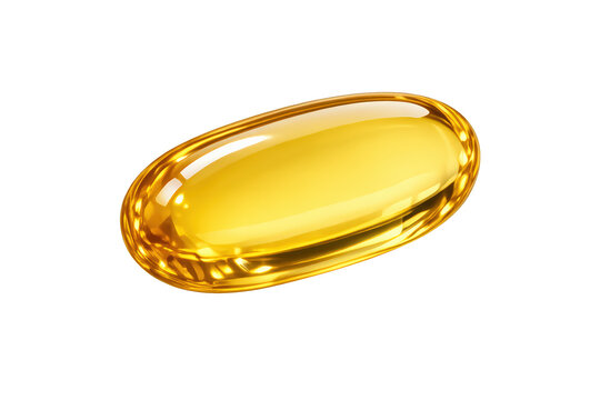 Golden softgel capsule containing fish oil or omega-3 supplement for health and wellness, isolated on transparent background