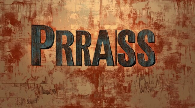 Large weathered teal and rust 3D letters 'PRRASS' on a distressed copper wall with grunge texture and deep shadows conveying rugged industrial nostalgia