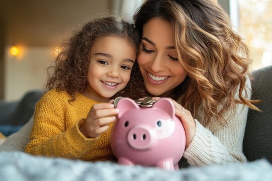 parent and child sitting on a couch gently placing coins into a pink piggy bank, cozy sweaters and warm light conveying a tender bonding moment about saving