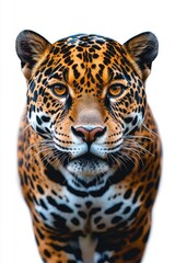 Obraz premium majestic spotted big cat close-up with intense amber eyes, focused stare, visible whiskers and patterned coat on white background