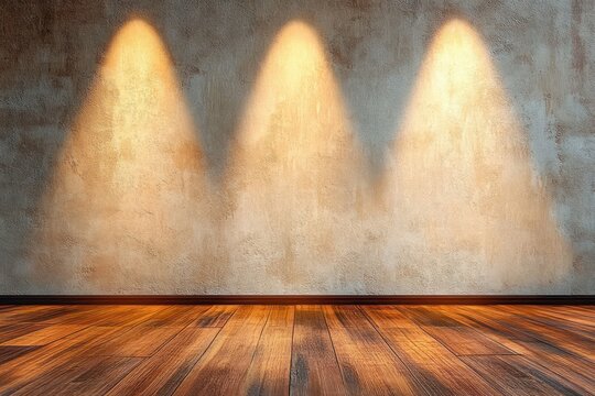 Empty interior with textured plaster wall and three warm spotlights illuminating polished wooden floor, creating a cozy and inviting atmosphere