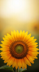 Obraz premium Close-up shot of a large, vibrant sunflower with yellow petals and a brown center. It represents warmth, summer, and natural beauty, with free space