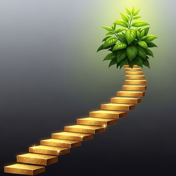 A tree grows on a staircase leading upwards with green leaves and gold steps