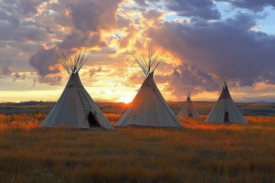Warm sunset over four canvas tipis on a golden prairie, dramatic cloud-filled sky and serene nostalgic light