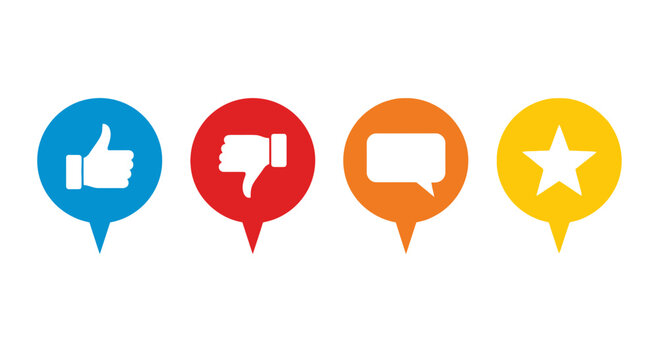 feedback icons, like dislike comment rating, colorful pins