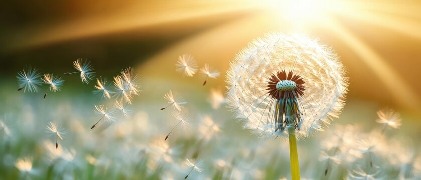 Dandelion releasing fluffy seeds drifting on a gentle breeze in warm golden sunlight, serene dreamy close-up of a glowing seed head
