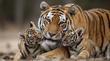 Obraz premium Tender Tiger Family Moment: Witness a heartwarming display of affection as a majestic tiger shares an intimate moment with her cubs.