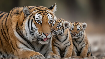 Obraz premium Tiger Family Affection: A majestic tigress and her two adorable cubs share a tender moment, their bond of affection evident. The image evokes warmth, protection, and the wild beauty of nature.