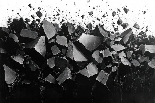 Dramatic pile of jagged black rock shards with flying fragments in high-contrast monochrome, conveying chaos and raw energy
