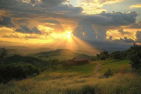 Golden sunset sunbeams breaking through dramatic clouds over rolling green hills with a solitary rustic cabin and winding meadow path, serene and tranquil mood