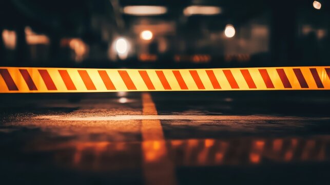 Orange and yellow striped safety barrier tape marking a hazardous area on a reflective surface