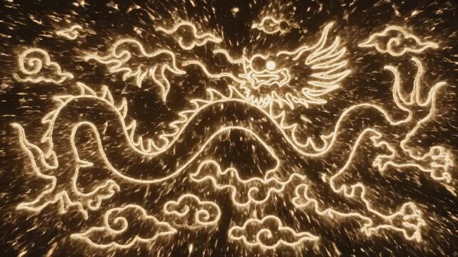 Chinese new year dragon firework illustration in festival night sky with golden spark glow swirling cloud pattern magical fire energy power mythology joy luck prosperity celebration art
