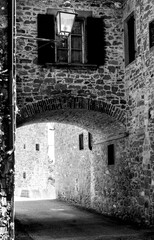 Fototapeta premium Borghi toscani in bianco e nero. Il borgo medievale di Volpaia circondato dai vigneti nella regione del Chianti Senese, Siena,Toscana. Italia