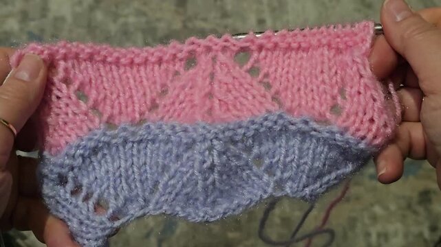 Colorful knit fabric suitable for home decor, fashion, or textiles. Knitting lessons.