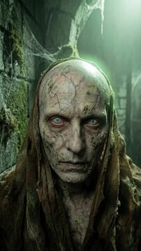 Close-up portrait of a scary pale zombie creature looking at camera. Ugly undead monster face with textured skin in a dark dungeon. Horror and Halloween nightmare concept
