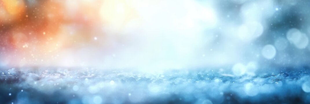 sparkling frosty ice crystals and bokeh lights on an icy surface with warm sunrise glow, soft focus and dreamy tranquil winter atmosphere