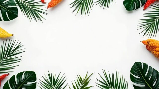 Creative layout made of colorful tropical leaves on white background. Minimal summer composition. Exotic concept with copy space. Border arrangement..
