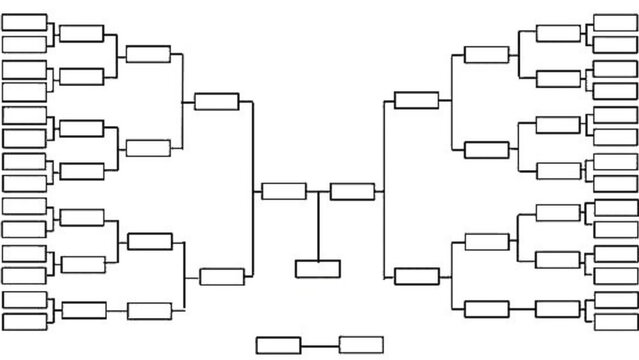 Clean black and white empty tournament bracket diagram with multiple rounds, semifinals, finals structure. Classic single-elimination format for sports, esports, competitions.