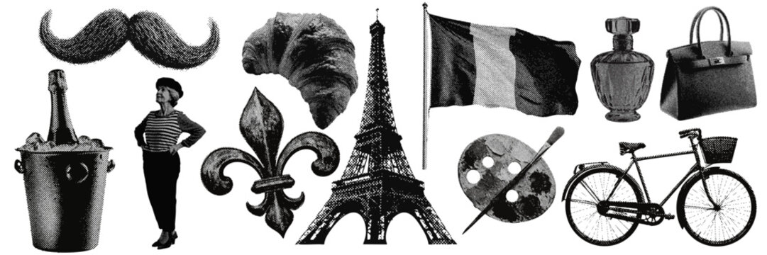 Set of French halftone grunge vector design elements