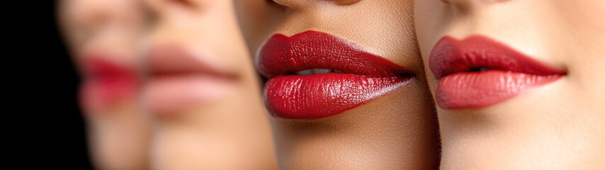 Obraz premium Close-up of three diverse women's lips wearing rich, red lipstick, showcasing different skin tones and lip shapes