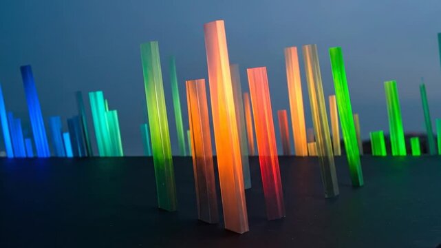 Abstract composition of colorful illuminated rectangular shapes against a dark background.