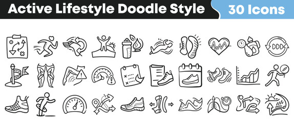 Collection of thirty hand drawn doodle style icons representing various concepts related to active lifestyle fitness and movement activities