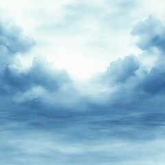 Obraz premium serene blue watercolor seascape with soft clouds, misty horizon and calm reflective water evoking a peaceful dreamy atmosphere