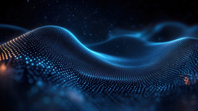 glowing blue particle mesh forming flowing waves over a dark starry background with subtle orange highlights, serene futuristic and mesmerizing