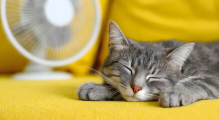 Cute gray tabby cat sleeping on yellow sofa at home during hot summer afternoon with white electric fan in background, cozy indoor lifestyle scene showing pet seeking comfort from heat