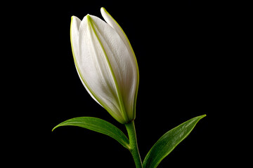 Obraz premium Single white lily flower bud with long stem and green leaf on black background in studio, minimalist botanical portrait for wedding, sympathy.