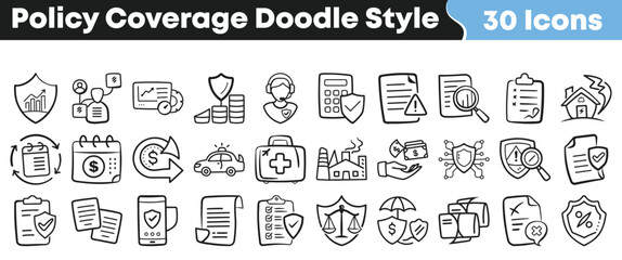 Collection of thirty policy coverage doodle style icons representing various aspects of insurance financial security and protection services © Vectoravec