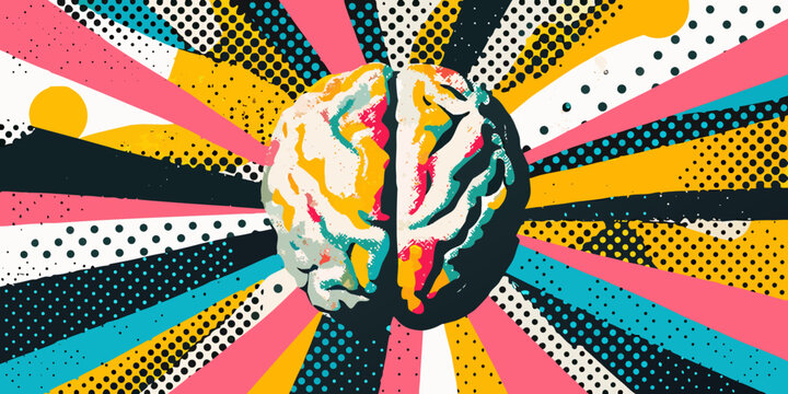A colorful depiction of a human brain with radiating burst lines