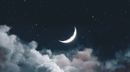 Crescent moon shining brightly above clouds in a starry night sky view