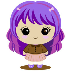 Fototapeta premium Cute Cartoon Girl with Purple Hair and Skirt.