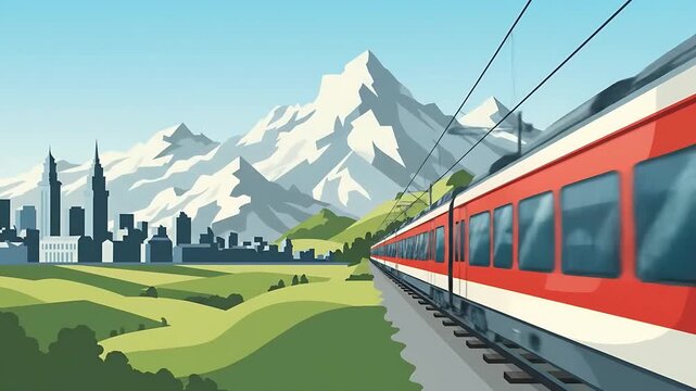 Speeding passenger train traveling through scenic green countryside fields toward a large metropolitan city skyline illustration