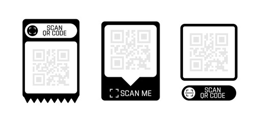 QR code set. Template of frames with text - scan me and QR code for smartphone, mobile app, payment and discounts. Quick Response codes. Vector illustration.