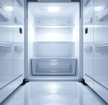 Empty modern refrigerator interior with open doors, glass shelves and clear crisper drawer bathed in cool blue light, evoking a clean minimalist and chilly atmosphere